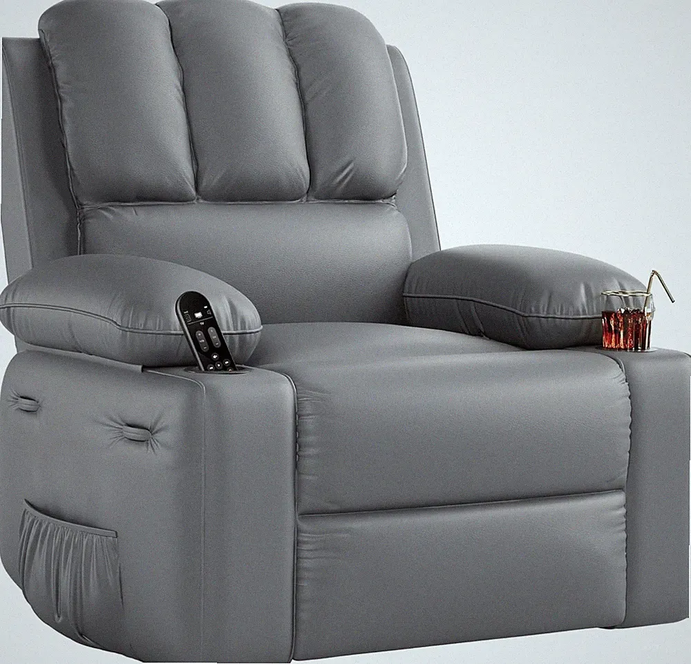 Spacious Grey Leather Recliner Chair with Cup Holders for Ultimate Comfort